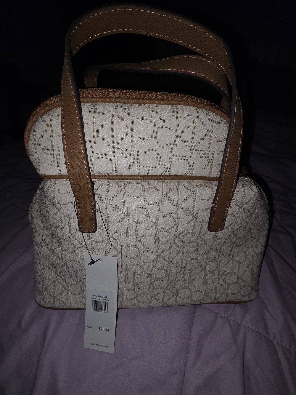 Calvin Klein Cream Monogram Dome Shoulder Bag with Tan Trim